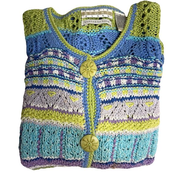 Sigrid Olsen Sport Hand Knit Pastel Cardigan Sweater Women M Ramie Cotton Multi - Picture 12 of 12